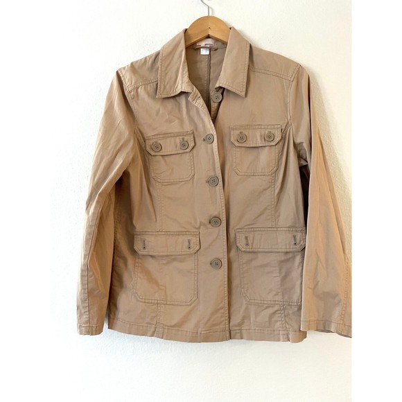 Cheer Womens Khaki Cargo Military Utility Jacket Size L/14 Beige Tan Button Down - Picture 1 of 9